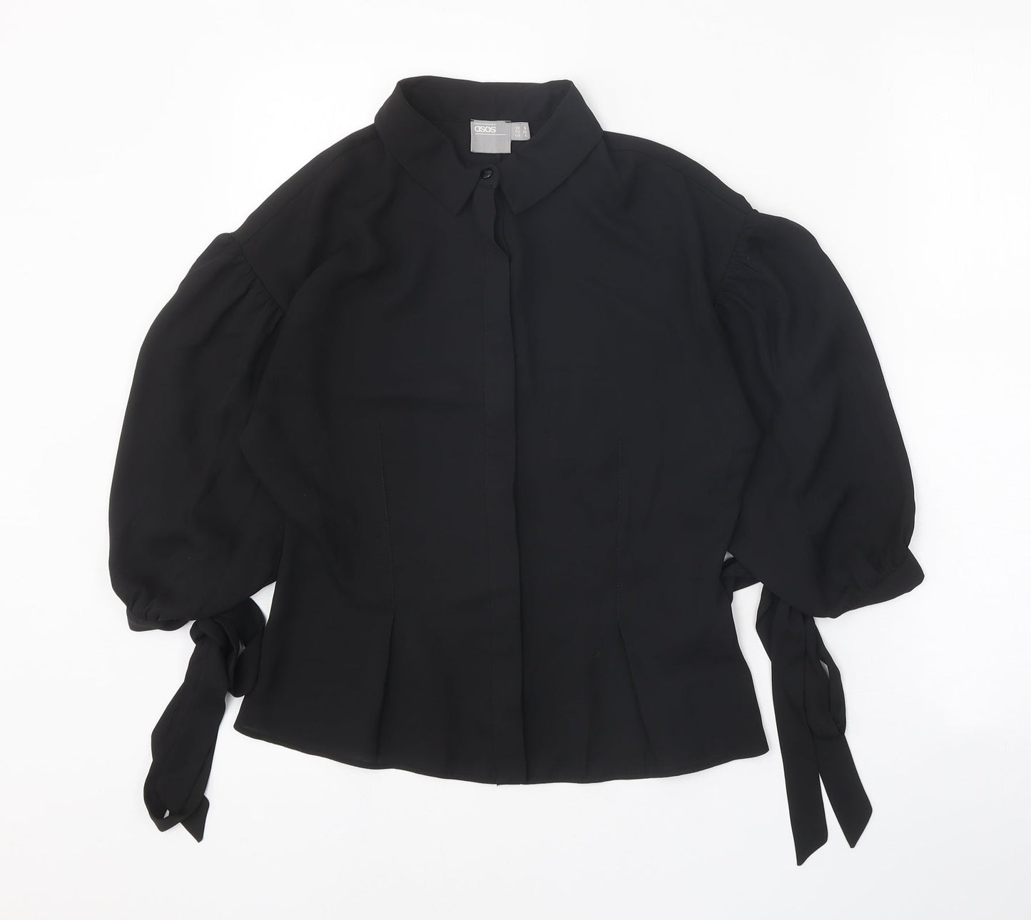 ASOS Womens Black Polyester Basic Button-Up Size 8 Collared - Sleeve Tie Detail