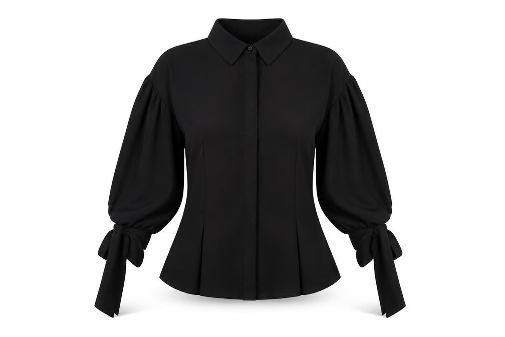ASOS Womens Black Polyester Basic Button-Up Size 8 Collared - Sleeve Tie Detail