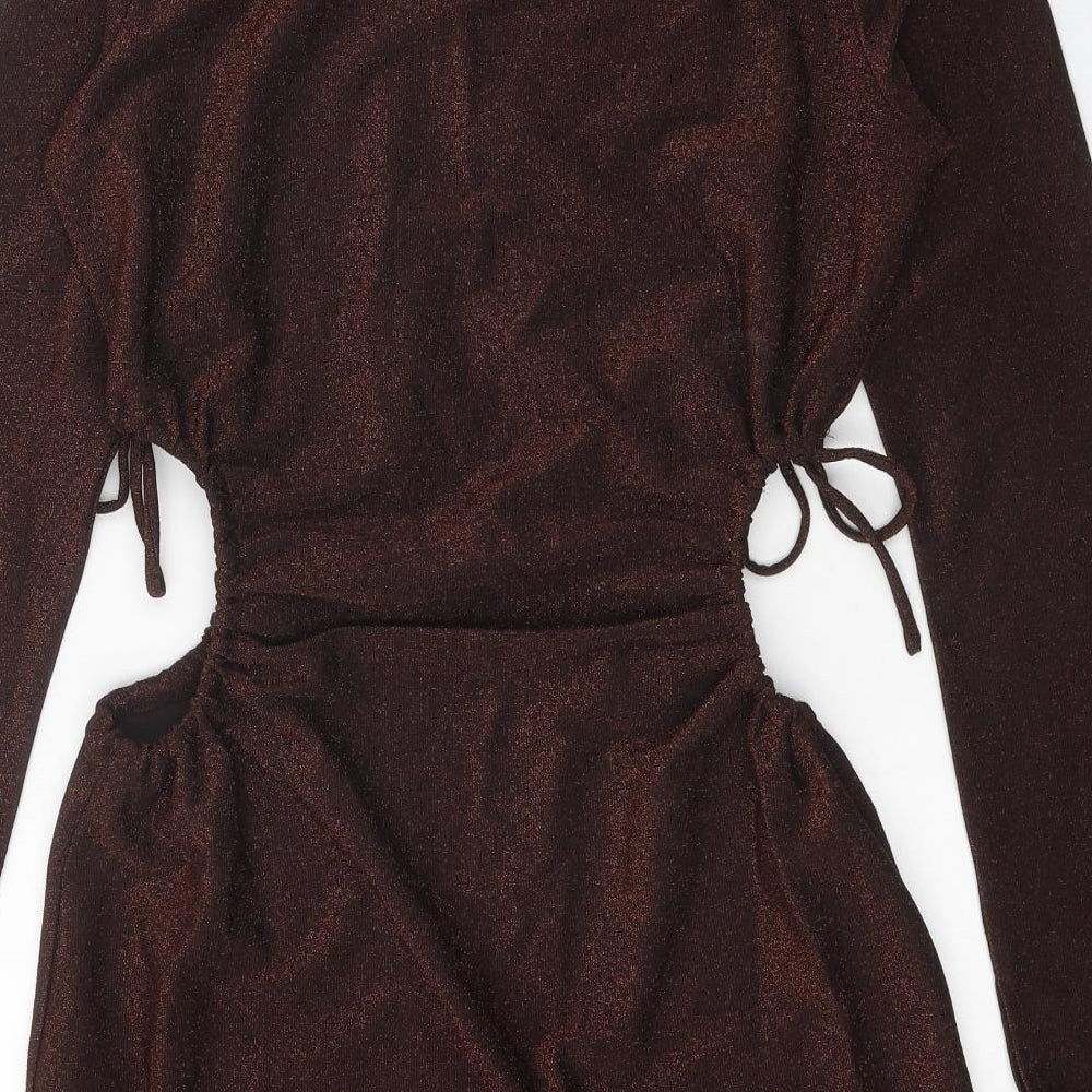 Divided Womens Brown Polyester Mini Size M Round Neck Drawstring