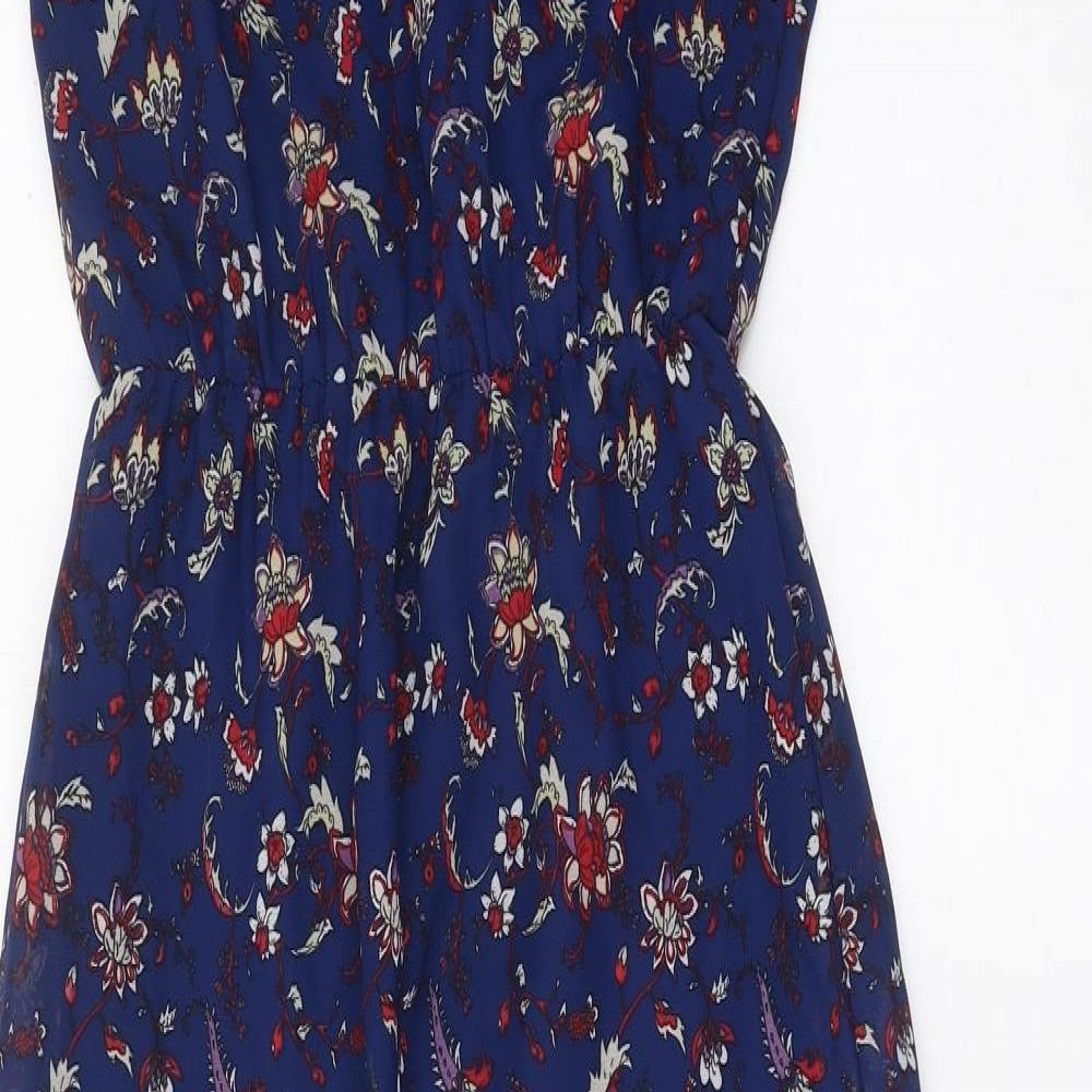 Divided Womens Blue Floral Polyester Slip Dress Size 4 Square Neck Button