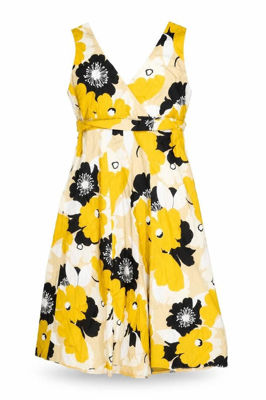 Womens Yellow Floral Polyester Skater Dress One Size V-Neck Zip
