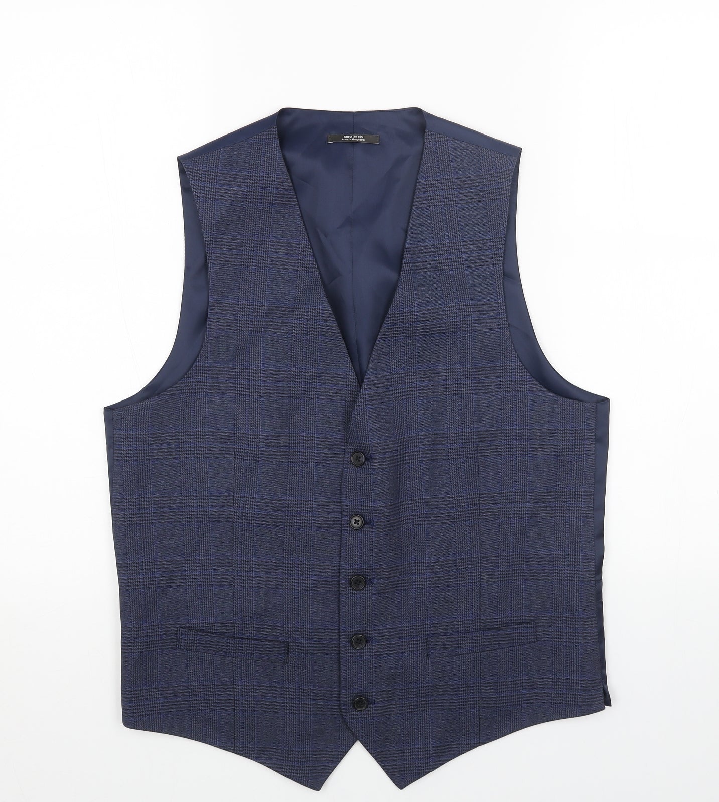 Marks and Spencer Mens Blue Plaid Polyester Jacket Suit Waistcoat Size 38 Regular