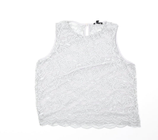 New Look Womens Grey Floral Polyester Basic Tank Size 8 Round Neck - Lace Overlay
