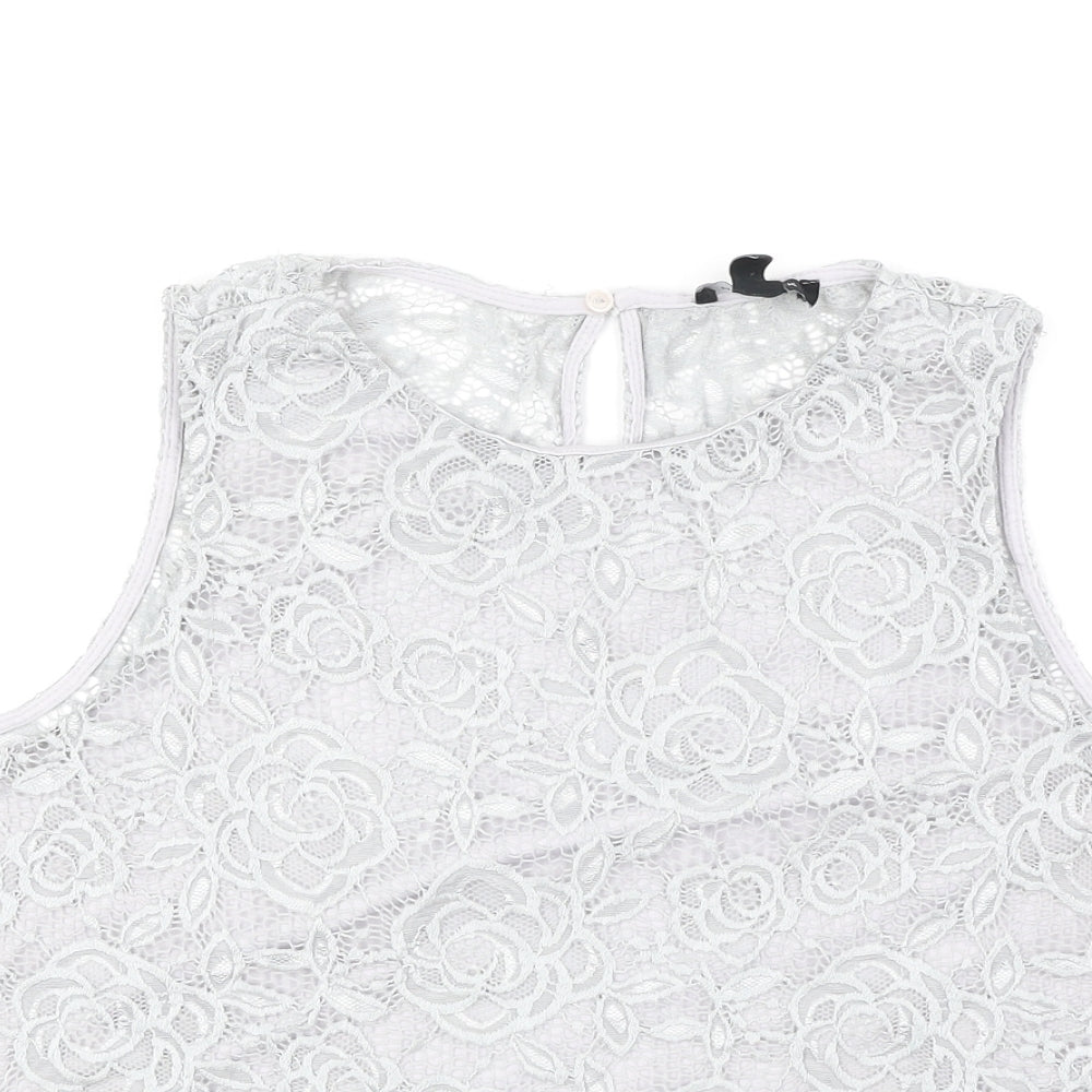 New Look Womens Grey Floral Polyester Basic Tank Size 8 Round Neck - Lace Overlay