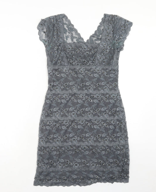 Onyx Nite Womens Grey Herringbone Polyester Pencil Dress Size 12 V-Neck Pullover