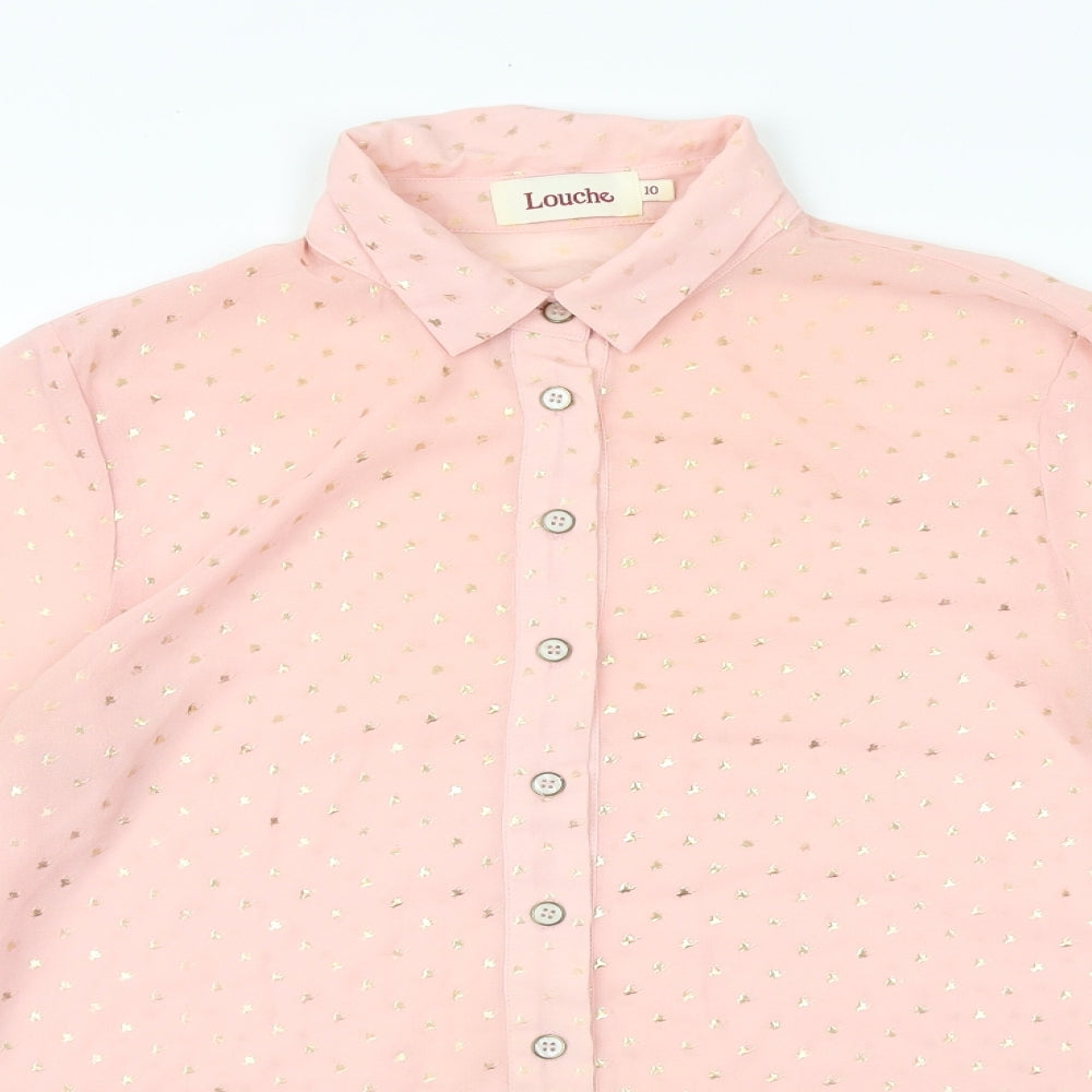 Louche Womens Pink Geometric Polyester Basic Button-Up Size 10 V-Neck