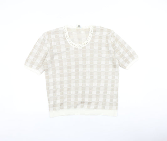 Moonlight Womens Beige Geometric 100% Cotton Basic T-Shirt Size L Round Neck