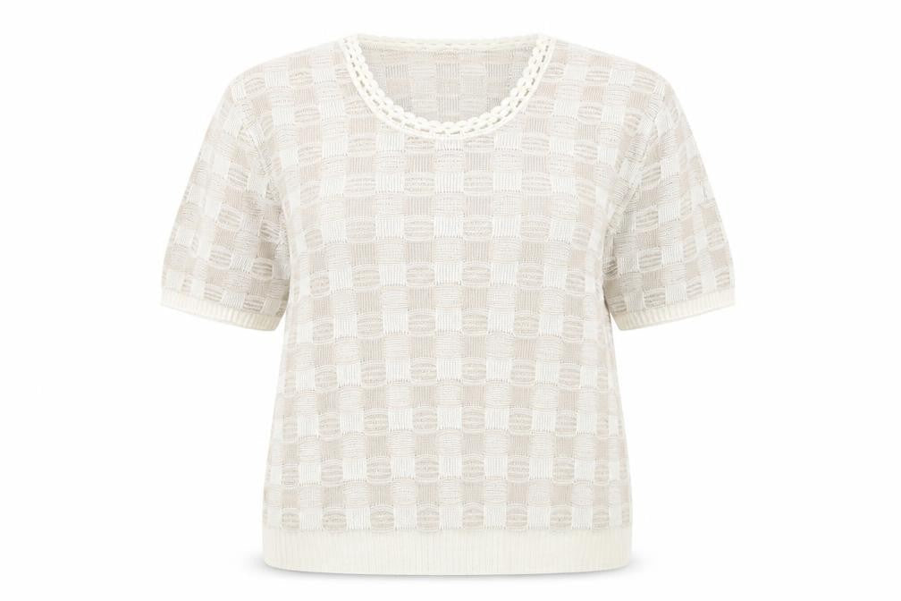 Moonlight Womens Beige Geometric 100% Cotton Basic T-Shirt Size L Round Neck