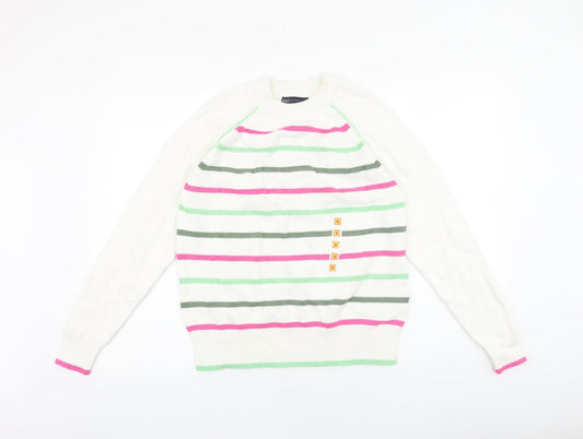 Marks and Spencer Womens White Round Neck Striped Acrylic Pullover Jumper Size S