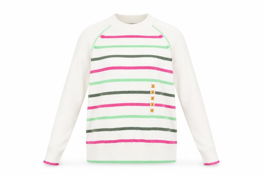 Marks & Spencer Womens White Round Neck Striped Acrylic Pullover Jumper Size S