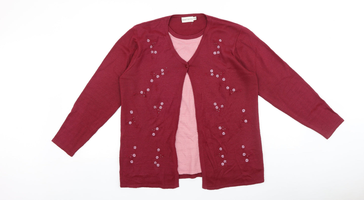 Bonmarché Womens Red Round Neck Floral 100% Cotton Cardigan Jumper Size S - Twin Set