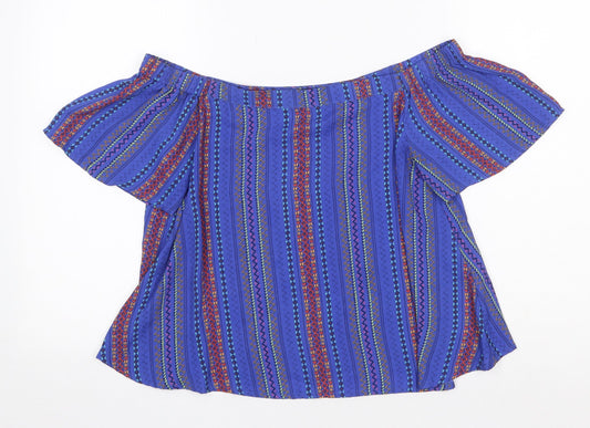 New Look Womens Blue Striped Polyester Basic Blouse Size 8 Off the Shoulder