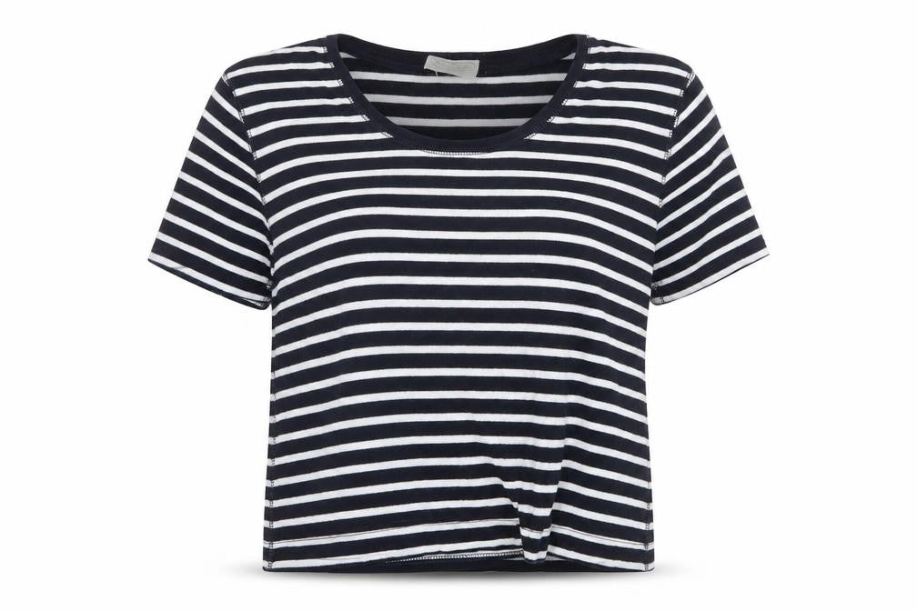 Nightingales Womens Blue Striped Polyester Basic T-Shirt Size L Scoop Neck