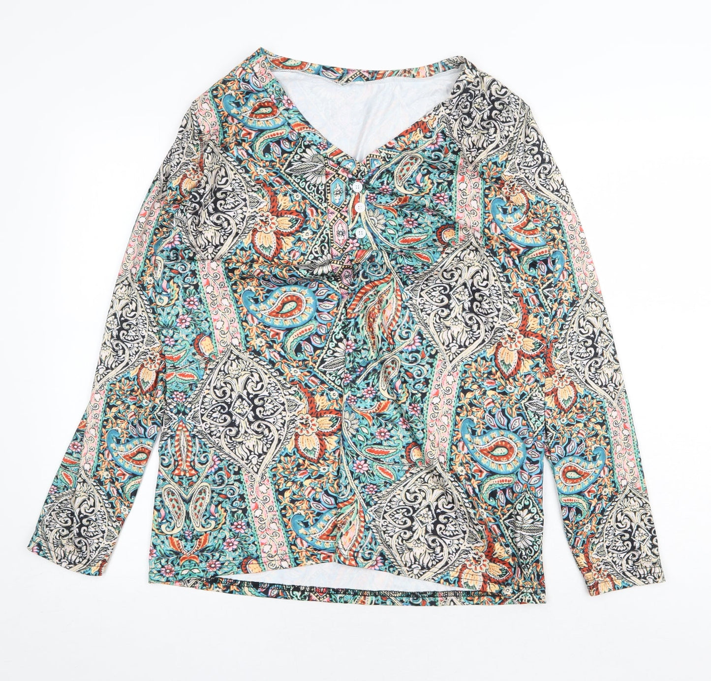 Preworn Womens Multicoloured Geometric Polyester Basic Blouse Size M V-Neck