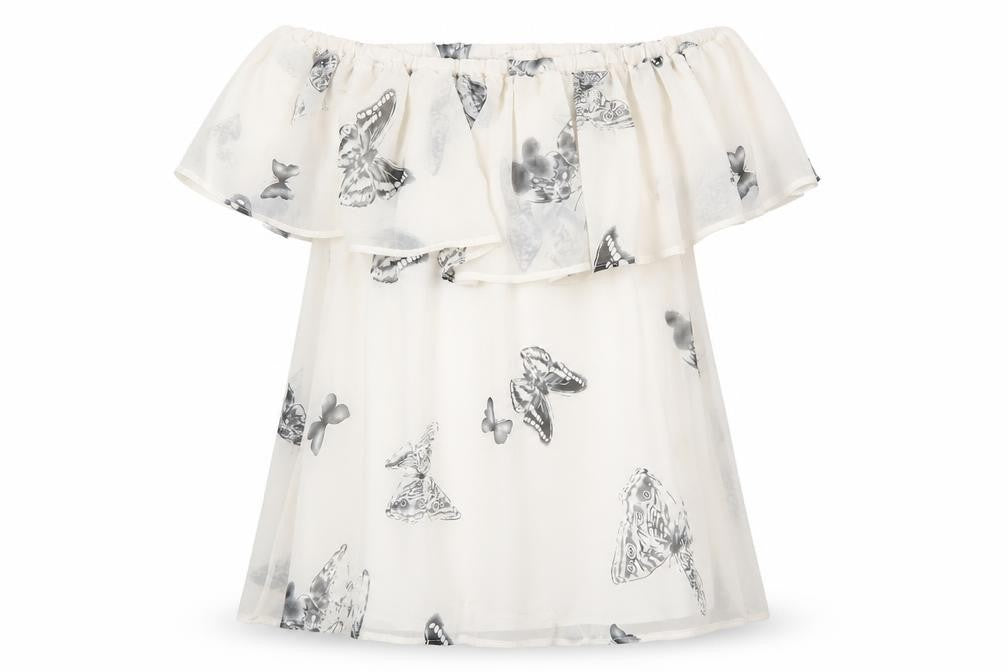Blue Vanilla Womens White Geometric Polyester Basic Tank Size 8 Off the Shoulder - Butterfly Print