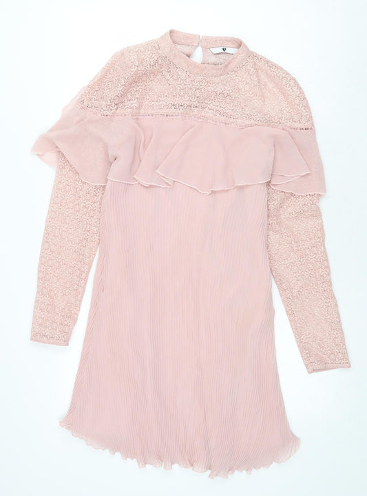 Very Womens Pink Polyester A-Line Size 10 Mock Neck Button - Lace Detail