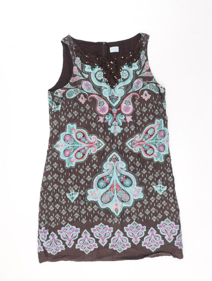 Oasis Womens Brown Paisley Silk Shift Size 12 Boat Neck Pullover