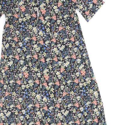 Pull&Bear Womens Multicoloured Floral Polyester A-Line Size S Boat Neck Button
