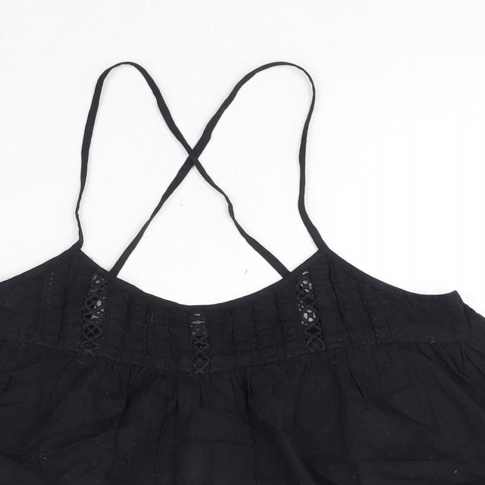 Topshop Womens Black 100% Cotton Camisole Tank Size 8 Scoop Neck - Cross Back Strap Detail