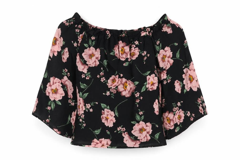 SheIn Womens Black Floral Polyester Basic Blouse Size M Off the Shoulder
