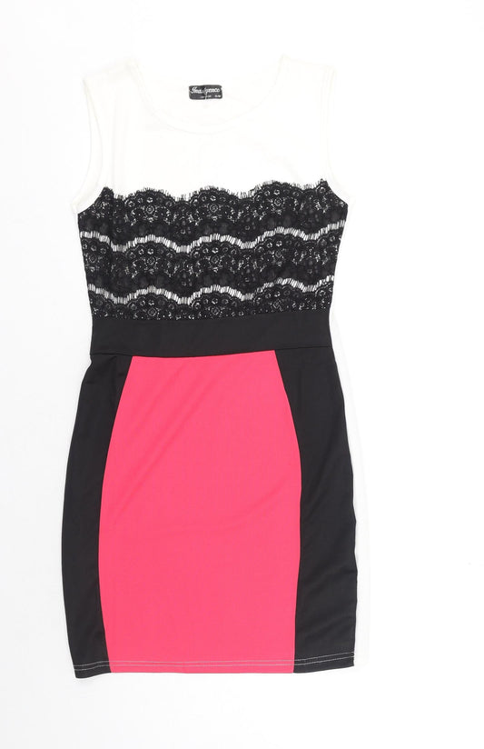 Indulgence Womens Pink Colourblock Polyester Pencil Dress Size S Boat Neck Pullover - Lace Detail