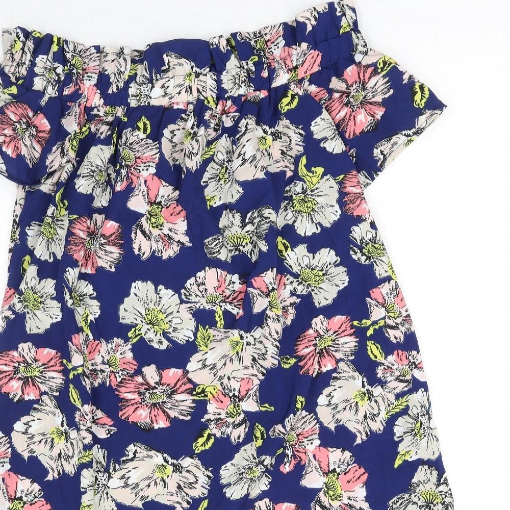 Atmosphere Womens Blue Floral Polyester Mini Size 10 Off the Shoulder Pullover