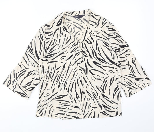 Marks and Spencer Womens Beige Animal Print Viscose Basic Button-Up Size 8 V-Neck - Zebra Print