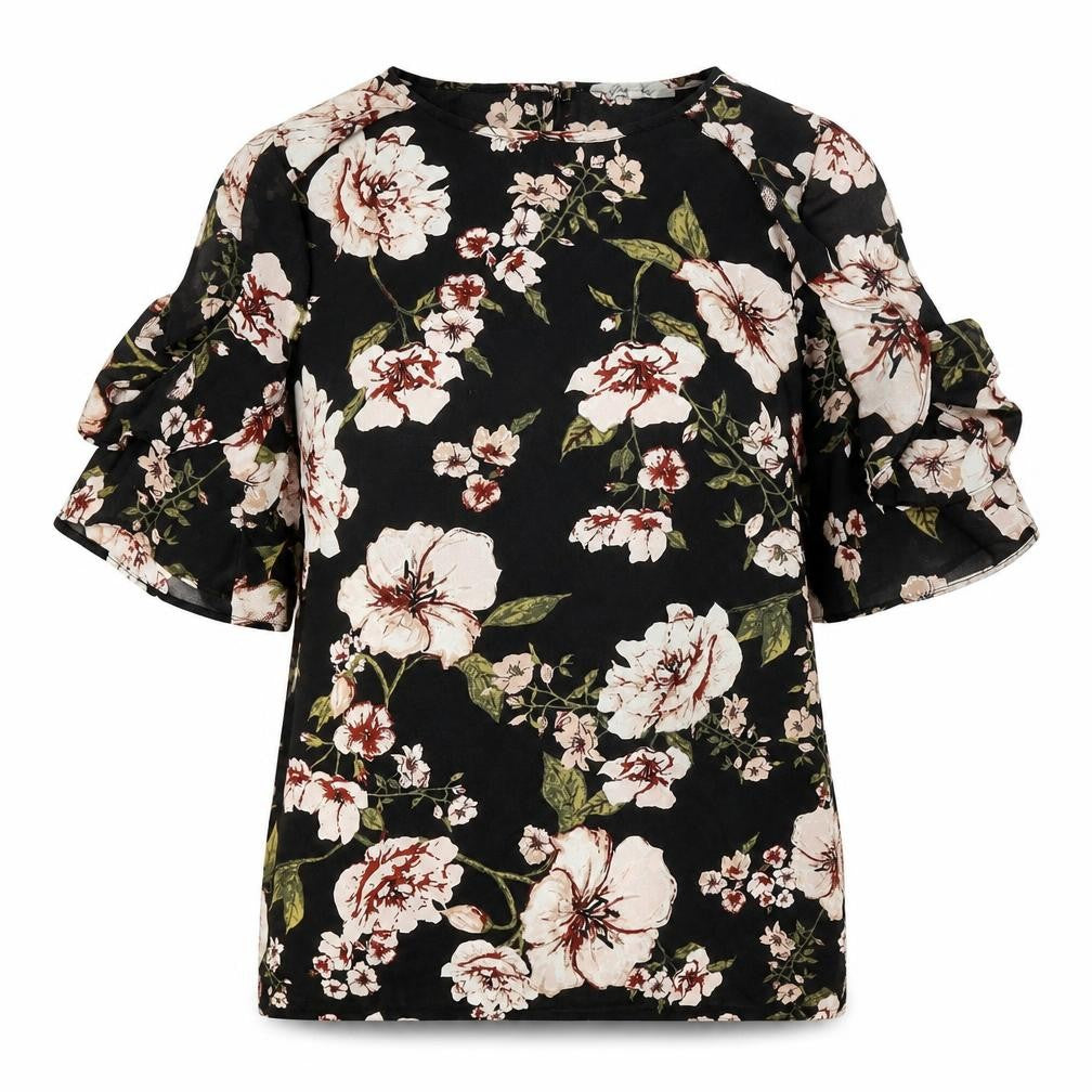 Peacocks Womens Black Floral Polyester Basic Blouse Size 12 Boat Neck - Cold Shoulder