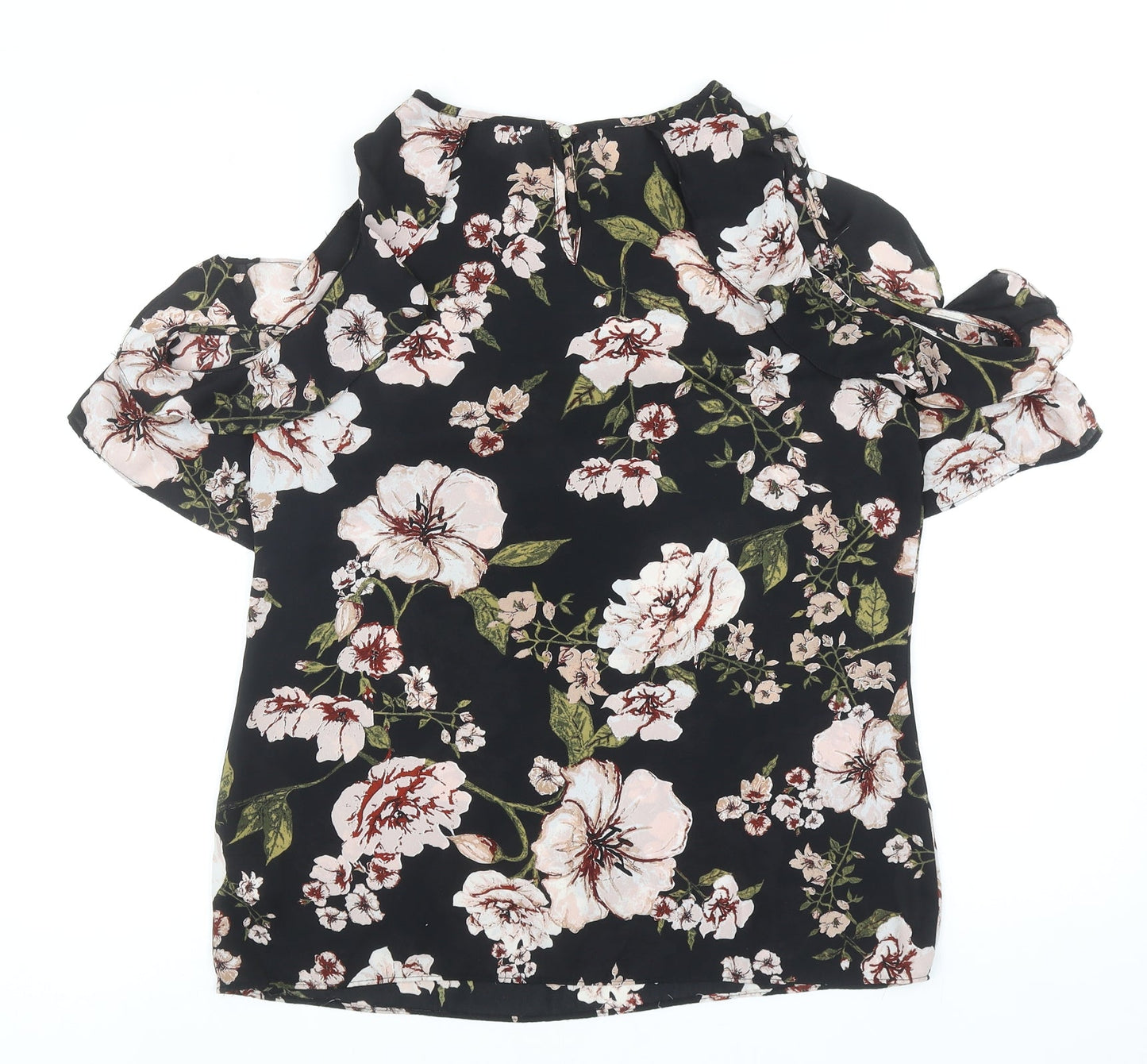 Peacocks Womens Black Floral Polyester Basic Blouse Size 12 Boat Neck - Cold Shoulder