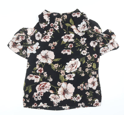 Peacocks Womens Black Floral Polyester Basic Blouse Size 12 Boat Neck - Cold Shoulder