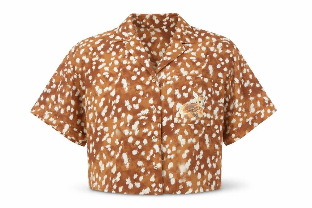 Befree Womens Brown Geometric Polyester Cropped Button-Up Size XS V-Neck - Bambi Print