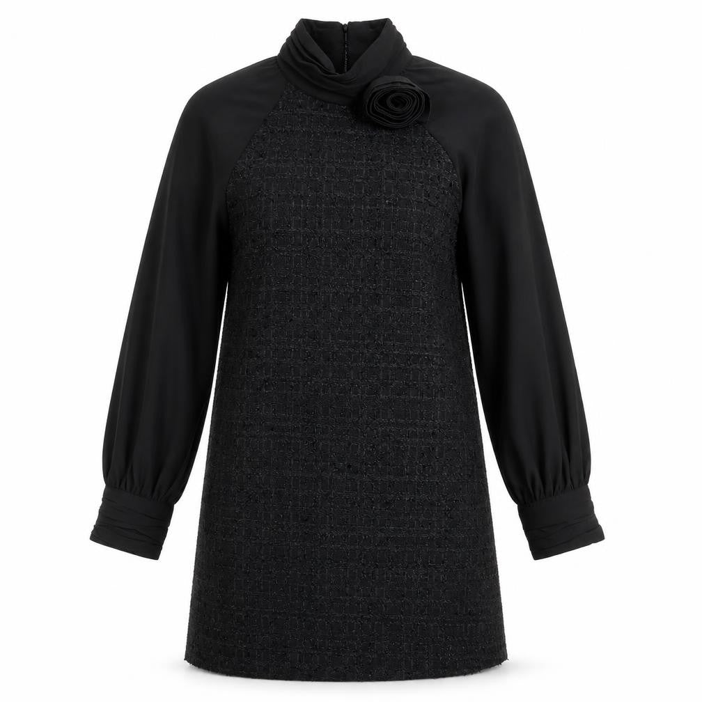 Zara Womens Black Polyester Shift Size M High Neck Button - 3D Flower