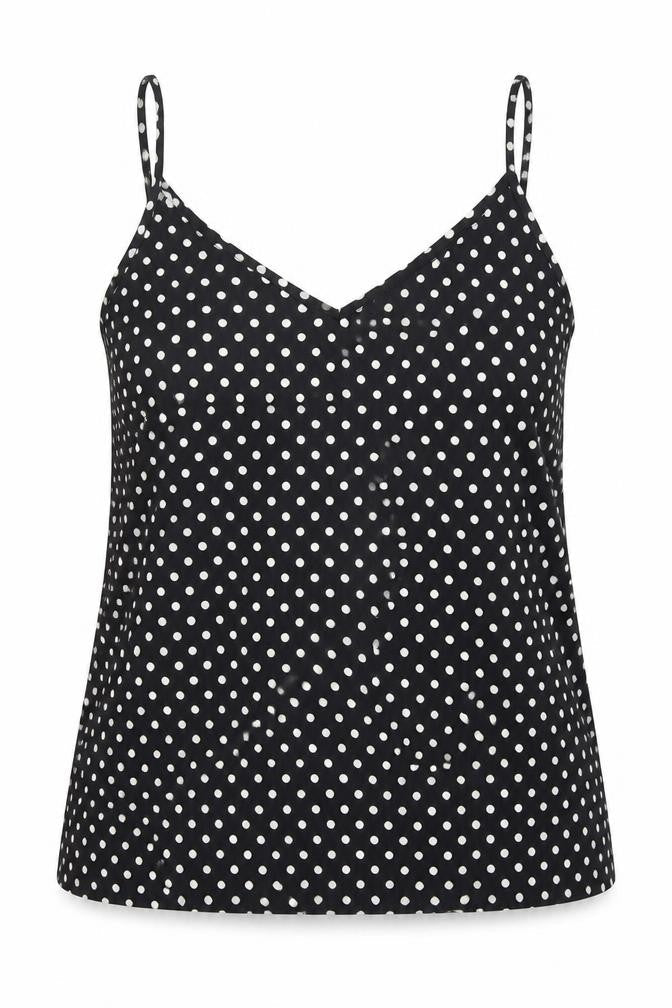 MO Woman Womens Black Polka Dot Polyester Basic Tank Size L V-Neck