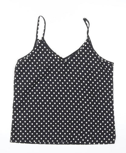 MO Woman Womens Black Polka Dot Polyester Basic Tank Size L V-Neck