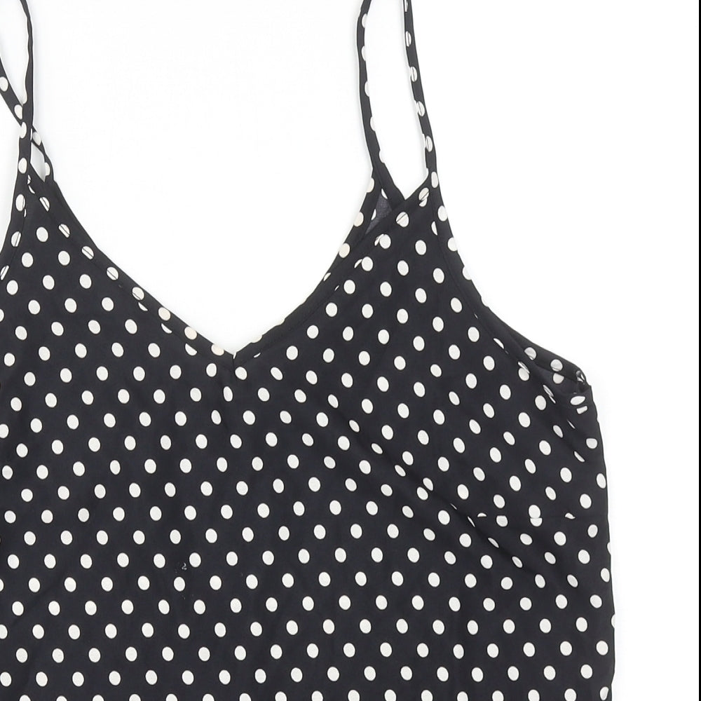 MO Woman Womens Black Polka Dot Polyester Basic Tank Size L V-Neck