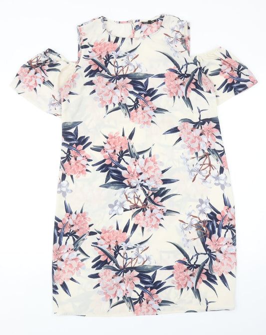 Warehouse Womens Ivory Floral Polyester Shift Size 12 Roll Neck Pullover - Cold Shoulder