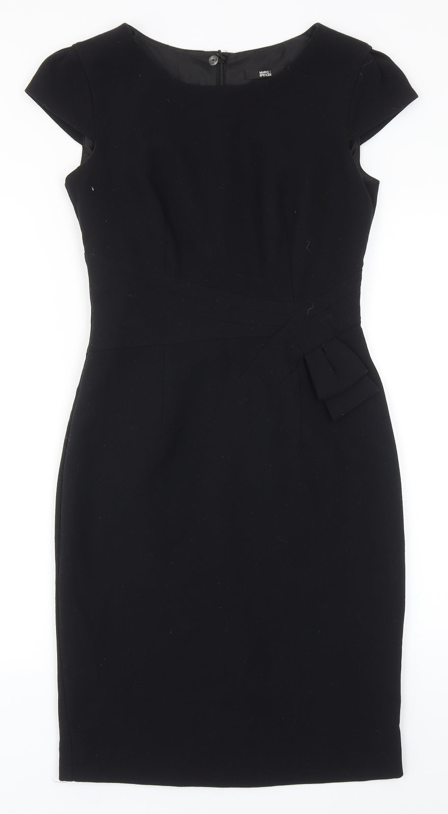 Marks and Spencer Womens Black Polyester Pencil Dress Size 8 Boat Neck Zip - Cap Sleeve