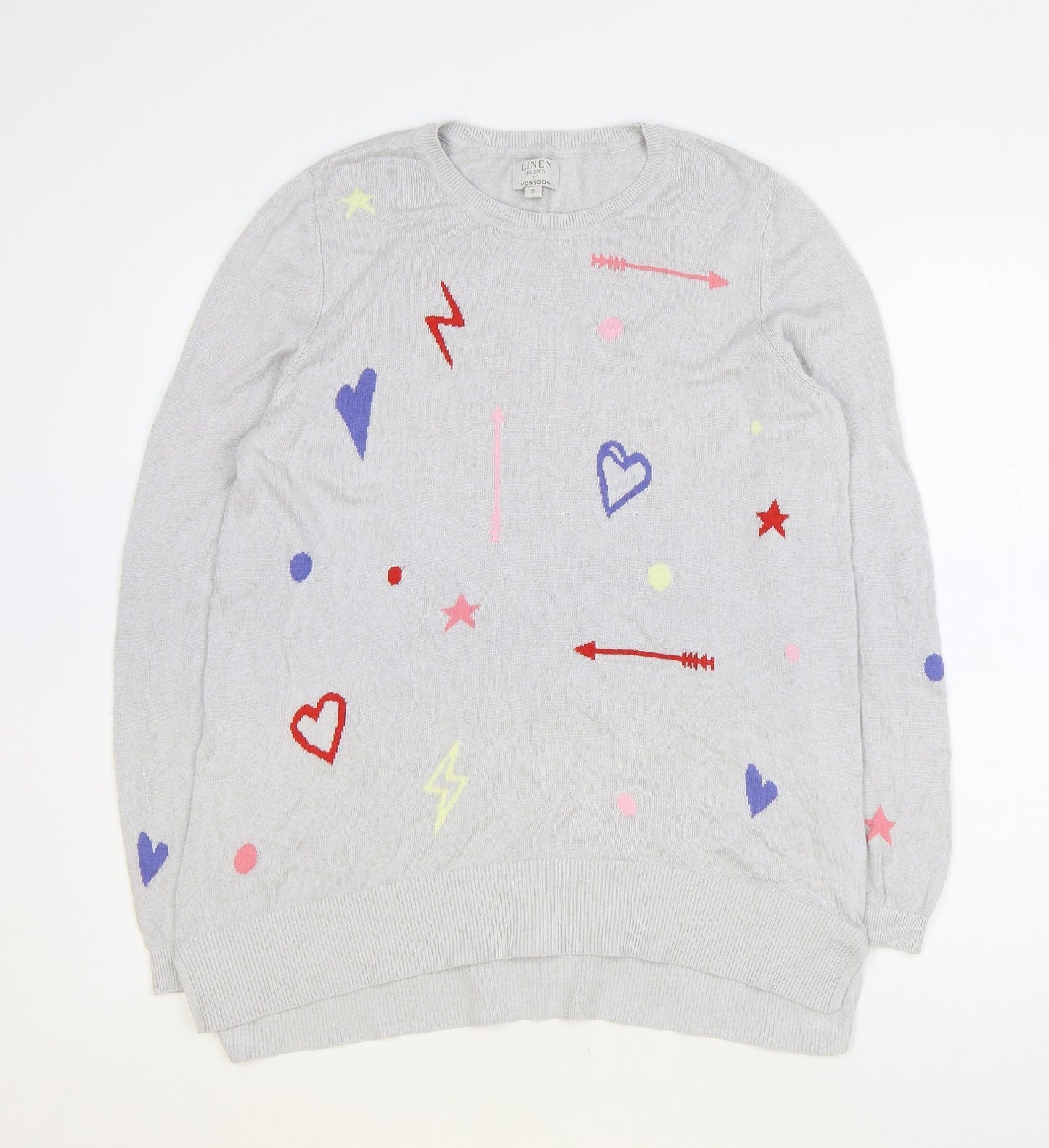 Monsoon Womens Grey Scoop Neck Geometric Viscose Pullover Jumper Size S - Hearts Arrows