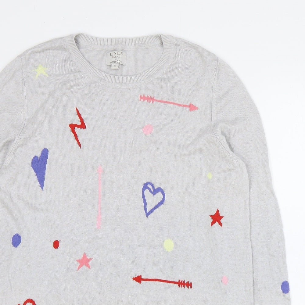 Monsoon Womens Grey Scoop Neck Geometric Viscose Pullover Jumper Size S - Hearts Arrows