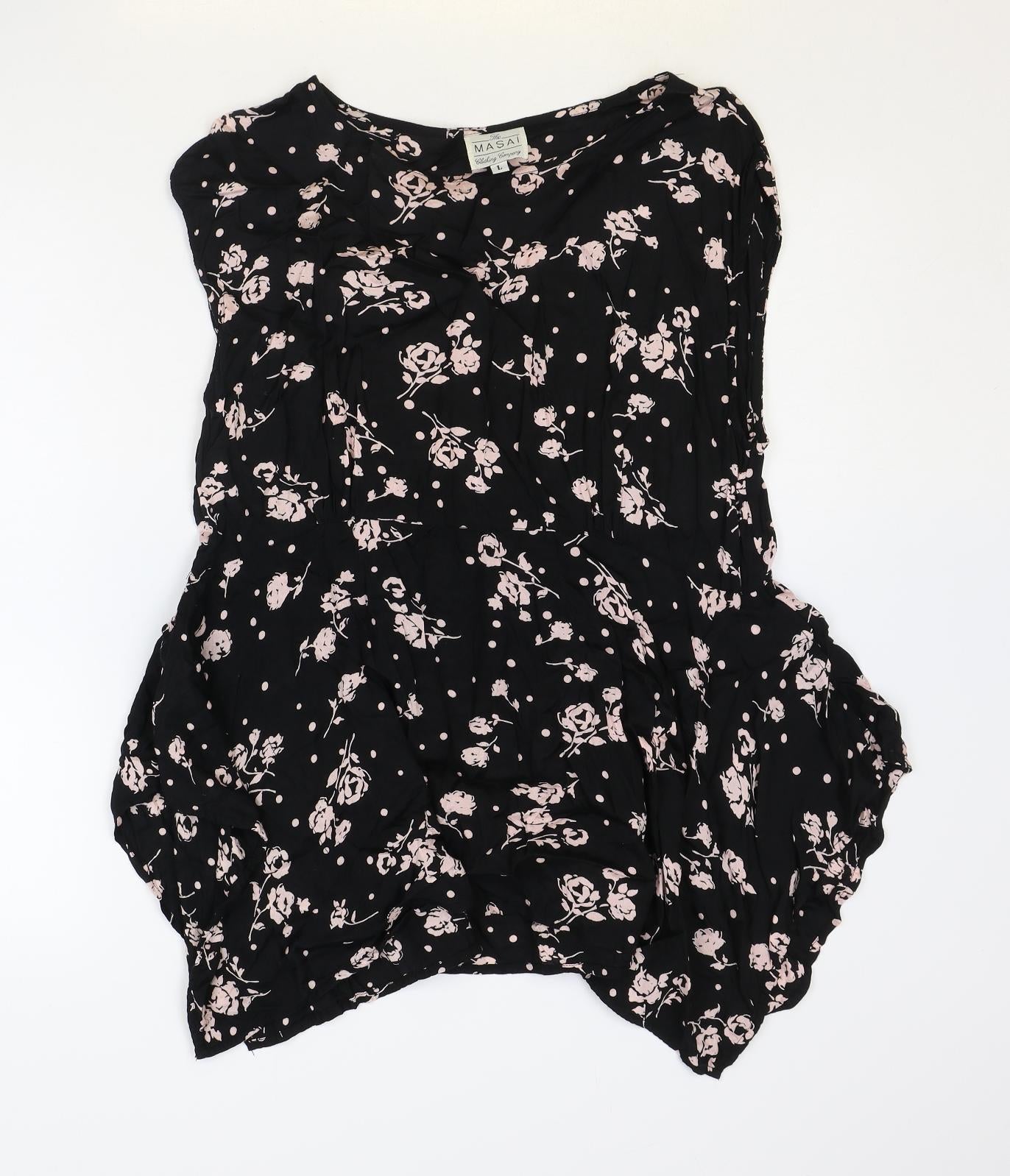The Masai Womens Black Geometric Viscose Basic Tank Size L Round Neck
