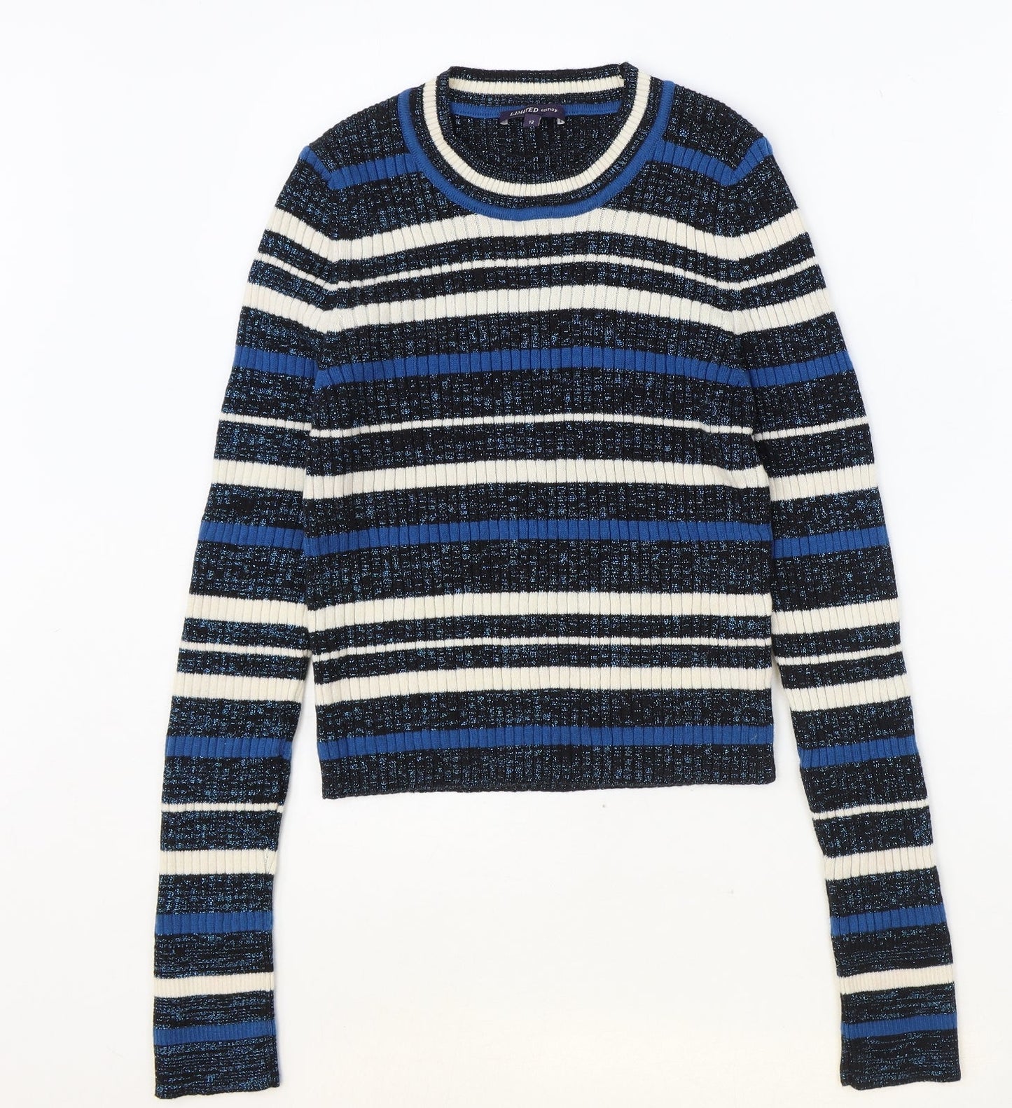 Marks and Spencer Womens Blue Scoop Neck Striped Cotton Pullover Jumper Size 12 - Ribbed