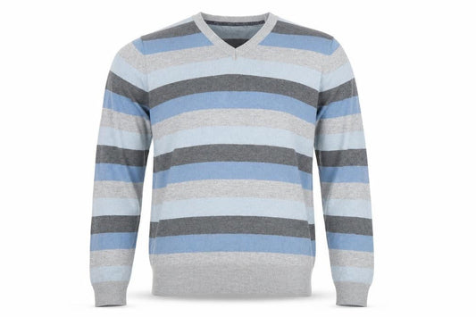 Marks & Spencer Mens Grey V-Neck Striped Cotton Pullover Jumper Size M Long Sleeve