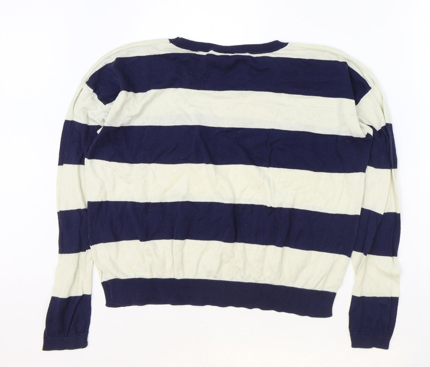 New Look Womens Blue Scoop Neck Striped Cotton Pullover Jumper Size 12