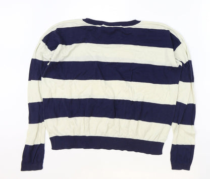 New Look Womens Blue Scoop Neck Striped Cotton Pullover Jumper Size 12