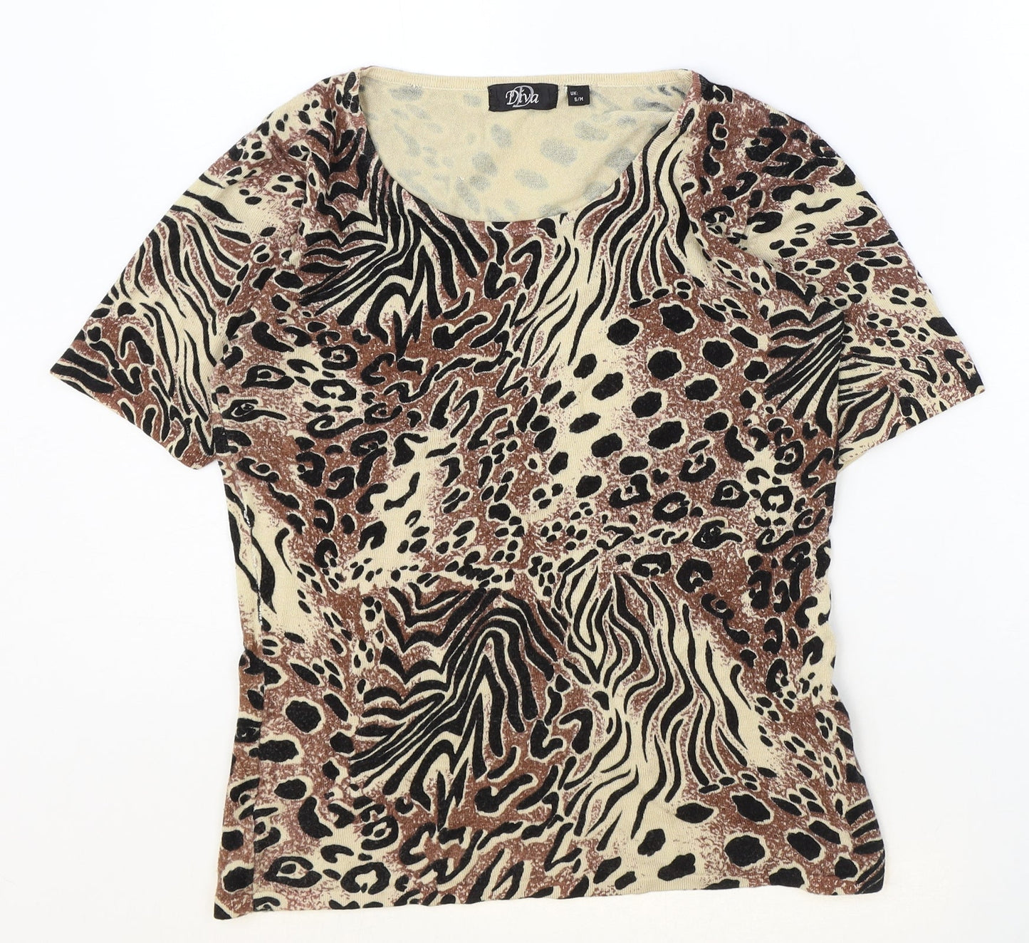 Diva Womens Brown Geometric Viscose Basic T-Shirt Size S Round Neck