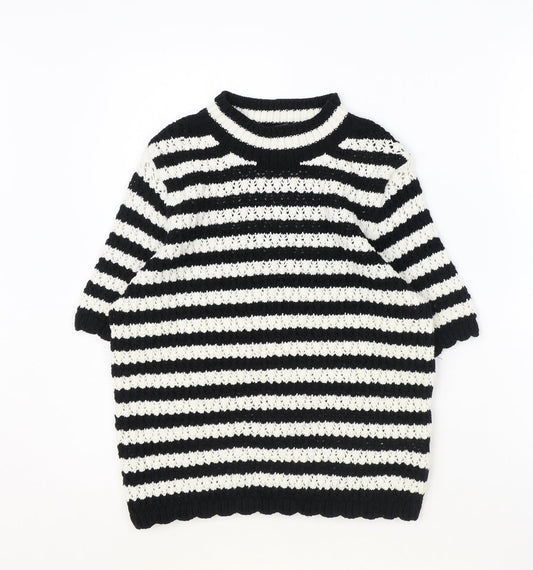 Marks and Spencer Womens Black Round Neck Striped Cotton Pullover Jumper Size 8