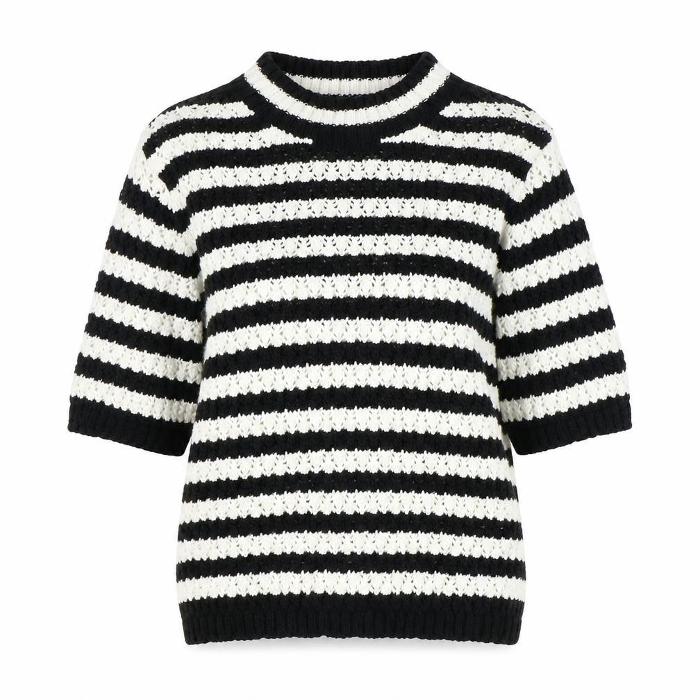 Marks & Spencer Womens Black Round Neck Striped Cotton Pullover Jumper Size 8