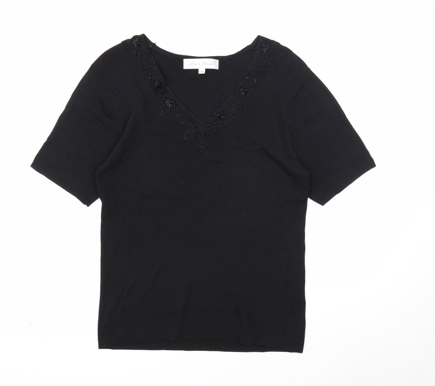 Pure & Natural Womens Black V-Neck Rayon Pullover Jumper Size 14