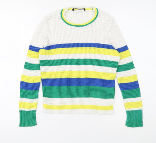 Stradivarius Womens White Round Neck Striped Cotton Pullover Jumper Size S