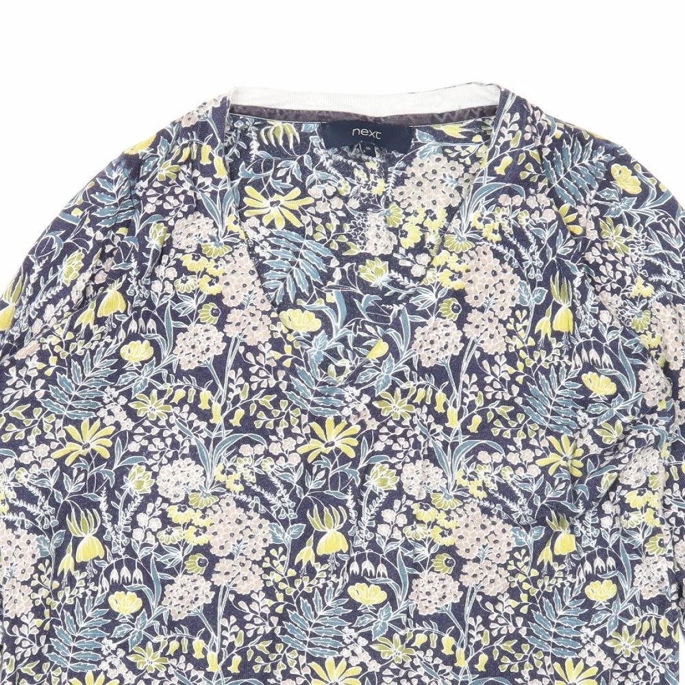 NEXT Womens Blue V-Neck Geometric Cotton Pullover Jumper Size 10
